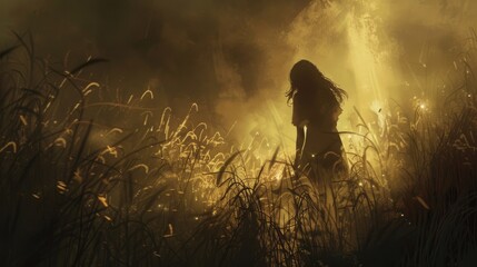 Fototapeta premium Silhouette of a woman walking through a field of tall grass, illuminated by a warm glow in the distance.