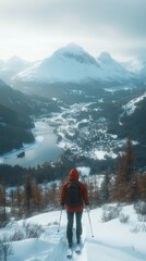 A person in a red jacket stands on a snow-covered slope overlooking a valley and a serene lake surrounded by rugged mountains under cloudy skies