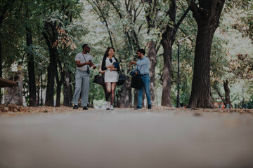 Fototapeta premium Three business people walking and discussing work outside in a beautiful park. The image captures casual networking, teamwork, and collaboration amidst nature.