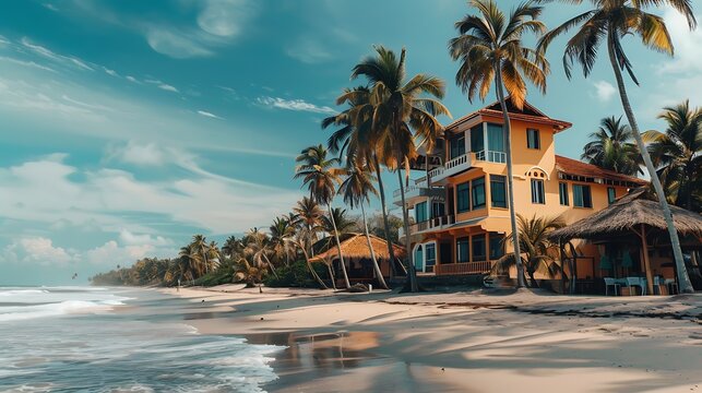 Amazing beach house with palm trees on a tropical beach. Perfect for a vacation or relaxing getaway. Soothe your soul with the sounds of gentle waves.