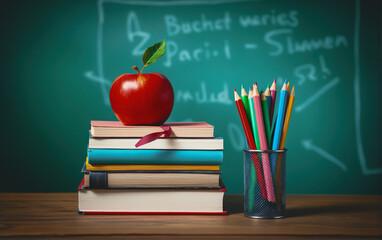 Back to school. Stack of textbooks, pencils and an apple - a symbol of knowledge, on a classroom table, against a background of a green chalk board. School lessons.