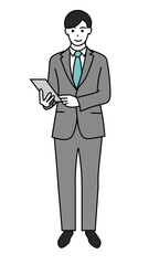 スーツを着た男性がタブレットを持つビジネスイラスト