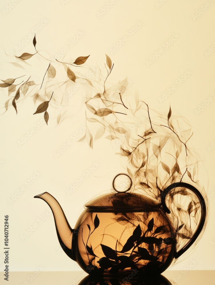 Poster the silhouette of a teapot transforms into tea leaves, creating an abstract, flowing design that cap