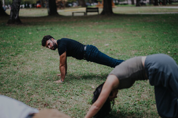 Students engage in a sports class outdoors with a professor in a natural setting. The image...