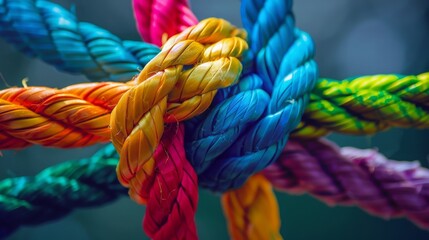 A close-up shot of colorful ropes tied together in a complex knot. The vibrant hues of blue, green, red, orange, and yellow create a visually striking image.
