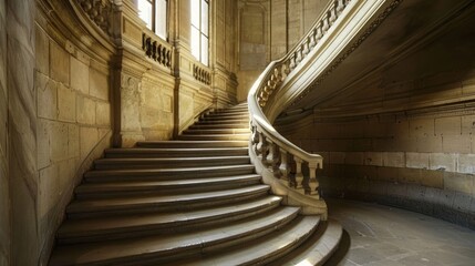 Fototapeta premium A grand staircase in a historic building, with intricate stonework and elegant railings.