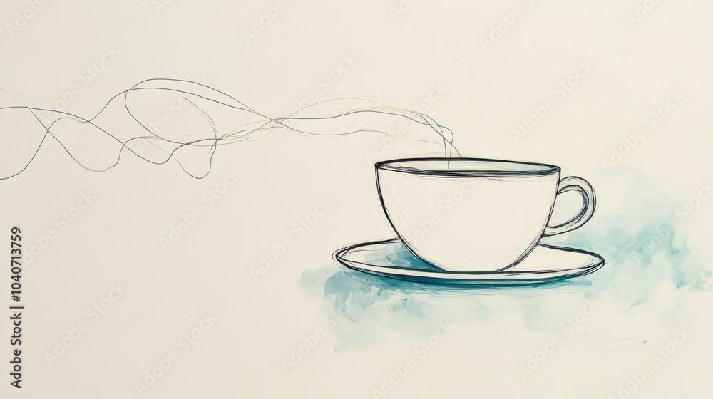 Aufkleber This artwork features a minimalist continuous line forming a tea cup with soft steam lines, evoking warmth and tranquility. Generative AI