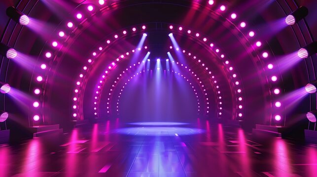 3D rendering of an empty stage with pink and purple lights.