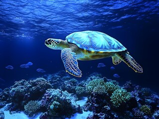 Obraz premium A majestic sea turtle glides gracefully through the vibrant coral reef under the shimmering blue ocean waters.