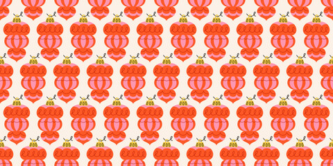 Seamless holiday pattern with baubles in red and pink colors. New year joys, with traditional ornaments. Winter season wallpaper background. Retro print for fabric, wrapping paper, fabric, or cards.