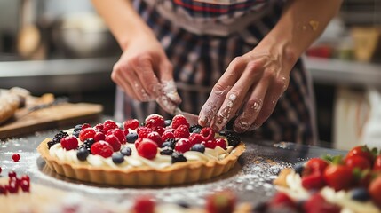 A baker carefully decorates a delicious-looking tart with fresh berries. The tart has a golden crust and is filled with a creamy custard.
