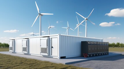 Renewable energy storage facility with wind turbines under a clear sky at sunset