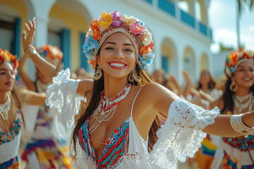 Mujeres en polleras panameñas bailan y cantan en las coloridas calles coloniales, celebrando las fiestas patrias.
