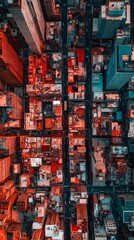 Fototapeta premium Aerial view of a vibrant urban cityscape during twilight showcasing grid streets and illuminated buildings