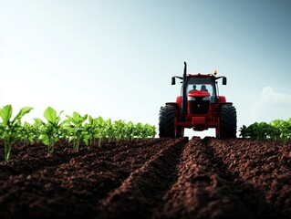 Red tractor plowing a field with green crops under a clear blue sky.