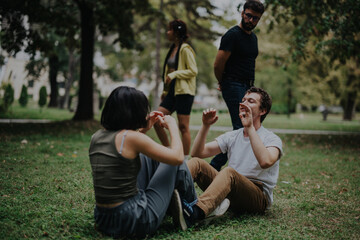 A lively scene of students participating in an outdoor fitness class, guided by their professor. The background features lush greenery, emphasizing the natural setting. Students appear engaged in the