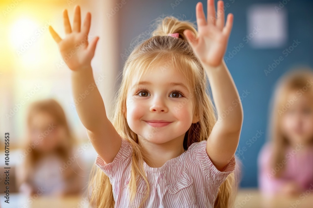 Wall mural a young girl is waving at the camera with a smile on her face