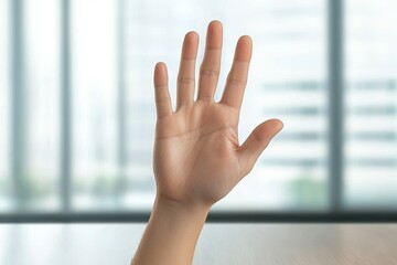 A hand is raised in the air with the fingers spread out