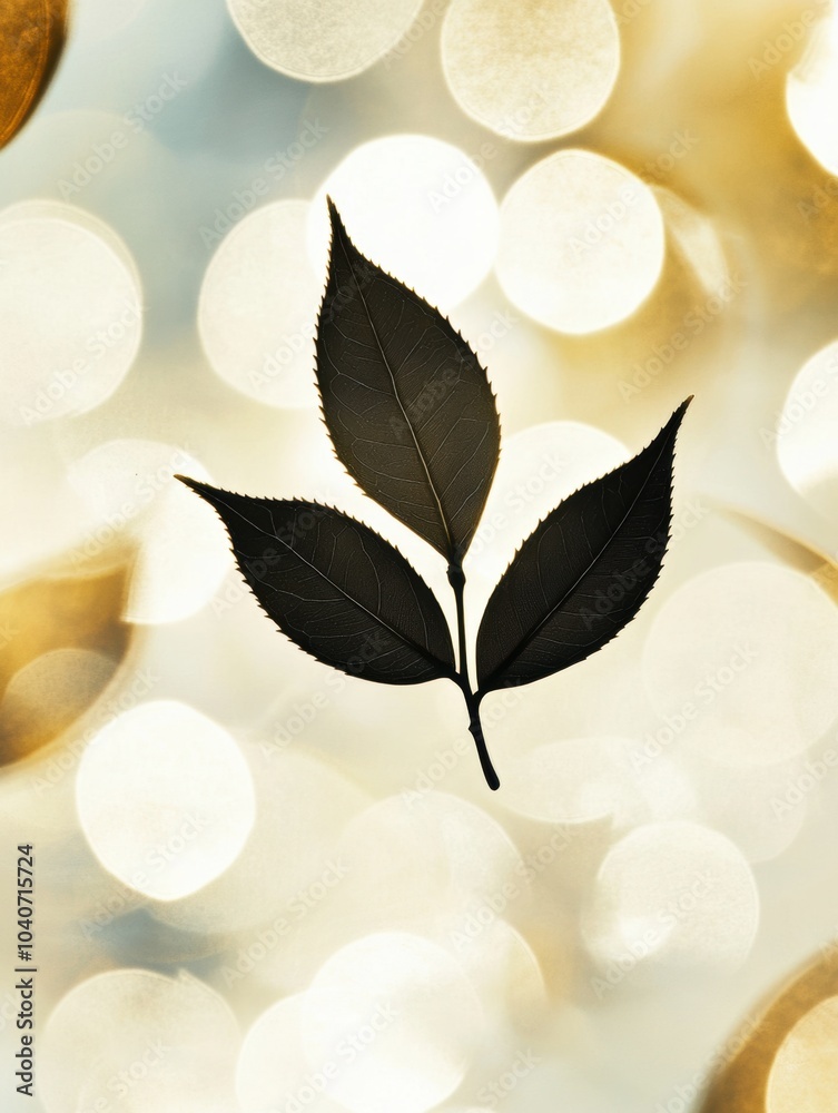 Aufkleber a delicate silhouette of a tea leaf stands out against a softly blurred golden backdrop, creating a 