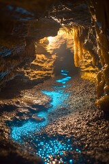 A mesmerizing cave illuminated by a shimmering blue stream, surrounded by stalactites and warm golden hues, creating a mystical underground scene.