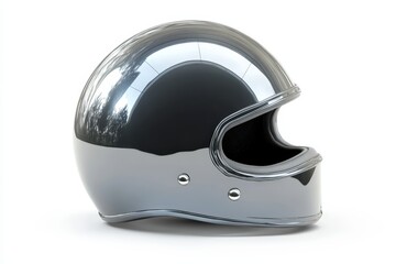 Glossy silver motorcycle helmet, white isolate background.