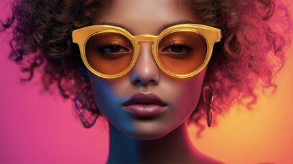 Obraz premium Fashion portrait of a woman in vibrant orange sunglasses with colorful lighting 