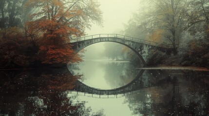 Fototapeta premium A stone bridge arches over a still pond in a foggy forest, creating a perfect reflection.