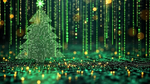 A digital Christmas tree made of binary code shines with glowing lights during the holiday season