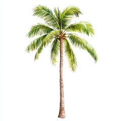 Tall palm tree with lush green fronds, white isolated background.