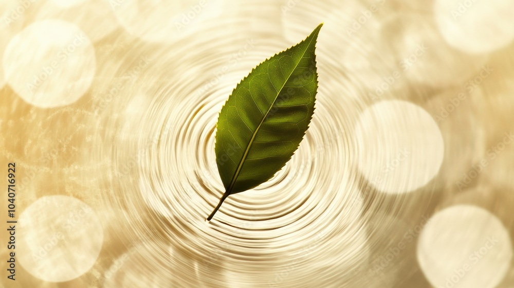 Wall mural A tea leaf gently drifts on the surface of water, creating ripples while soft golden light enhances the peaceful atmosphere. Generative AI