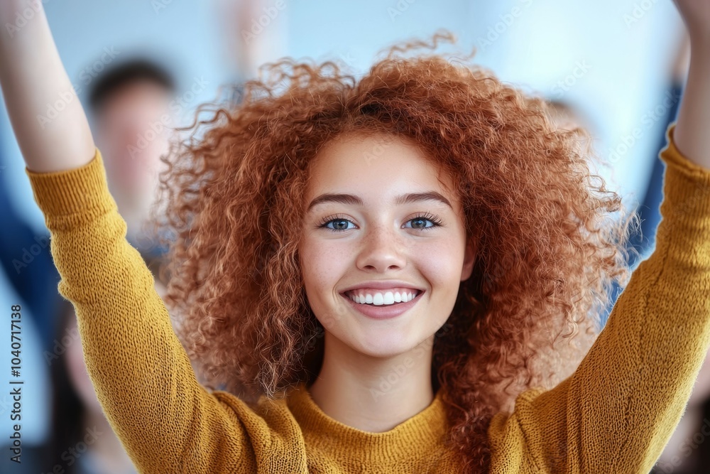 Canvas Prints A woman with red hair is smiling and holding her arms up