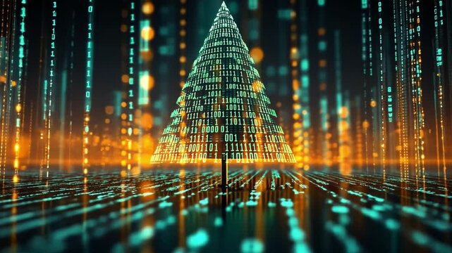 A glowing digital pyramid of binary code stands out in a dark, futuristic scene - Powered by Adobe