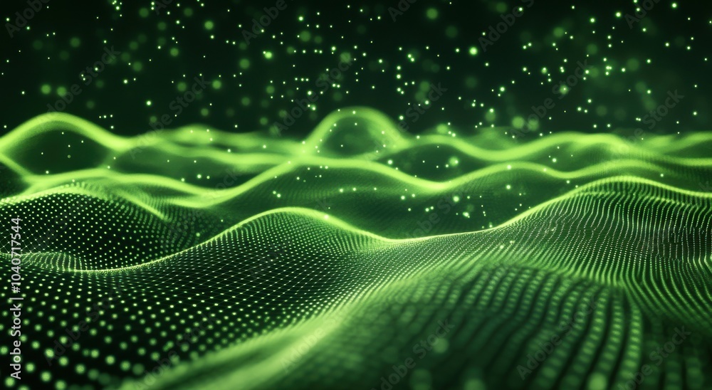 Aufkleber Abstract green digital background with dots and waves for a technology concept. Big data, artificial intelligence, or music sound visualization. An abstract futuristic wave moving in space.