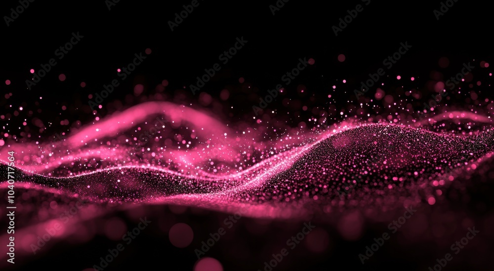 Poster abstract, pink glowing particles wave on a black background, a digital artwork with a futuristic des