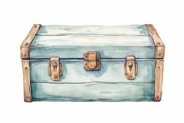 Vintage blue wooden trunk with metal accents, white isolate background.
