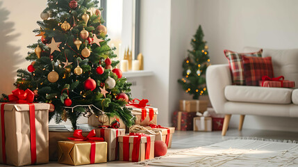 A beautifully decorated Christmas tree stands in a living room, surrounded by wrapped presents.