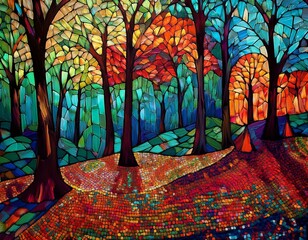 A vibrant forest made of tiny mosaic tiles in bright primary colors with hyperrealistic detail.