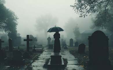 Girls in black coats stand under umbrella against foggy cemetery, crosses. Banner template of grief and sorrow, dark mystical gothic style, memory of the dead.