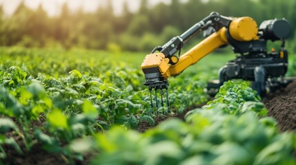 High-tech farming robots monitoring crop growth with real-time AI guidance