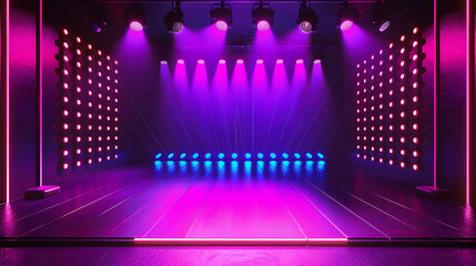 A stage with a glowing pink and purple background. There are spotlights on the stage. The stage is empty.