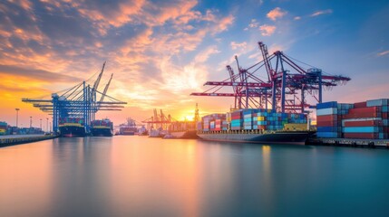 Obraz premium A dynamic harbor scene at sunrise, with cranes and cargo containers in motion under the gentle morning sky, illustrating the vibrancy of international trade