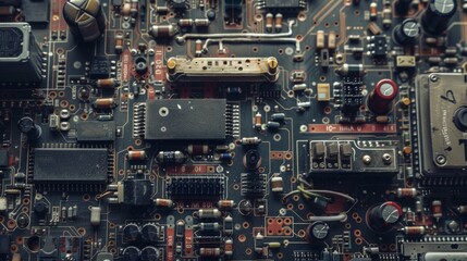 Fototapeta premium Close-up of a circuit board with intricate wiring and components. The image highlights the complexity and beauty of technology.