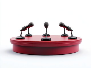 Five microphones on a red podium isolated on a white background.