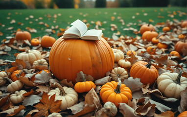 Pumpkin and books on a lawn in an autumn park. Autumn aesthetics.