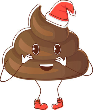 recommend clip art: Christmas poop character in red santa hat. Funny shit emoticon. Kawaii smiling brown heap emoji. Old school cartoon design vector clip art isolated on white background.