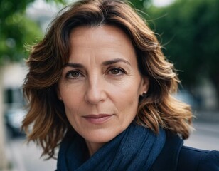 A Caucasian brunette French woman 50 - 60 years old with medium length hair up to shoulders stands in a quaint French street. The scenery embodies a serene and joyful atmosphere. Generative AI