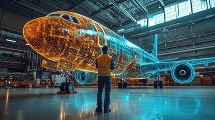 Engineer Inspecting Aircraft with Digital Twin Overlay in Hangar