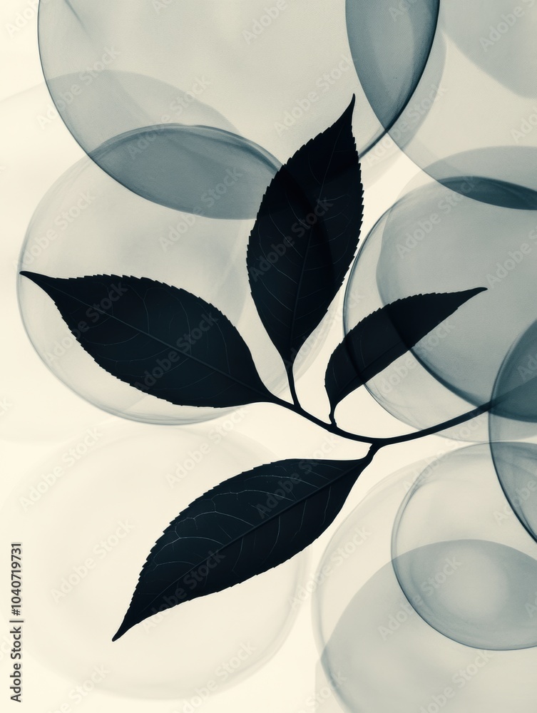 Aufkleber The elegant silhouette of a tea leaf contrasts with soft, translucent circles, creating a serene and minimalist visual effect. Generative AI