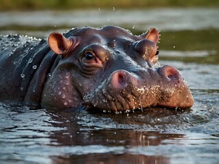 Fototapeta premium Close up of Hippopotamus in Water with Water Droplets