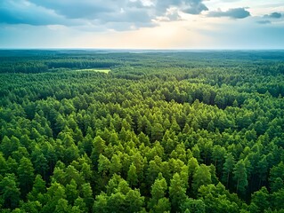 Fototapeta premium Lush green forest stretching to the horizon, bathed in soft, serene sunlight under a partly cloudy sky, creating a peaceful and tranquil natural landscape.